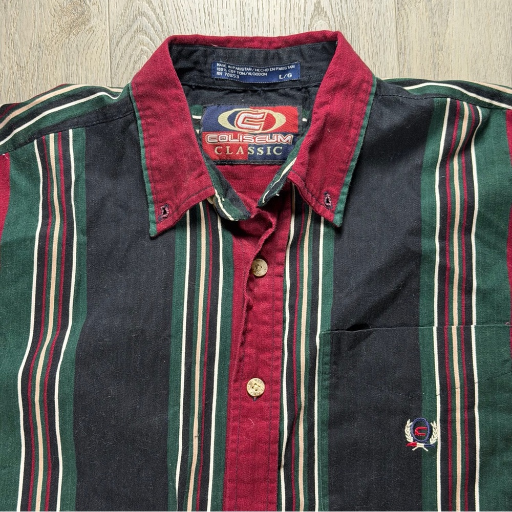 VTG Coliseum Shirt Mens Large Green Red Stripe Button‎ Down Cotton Twill
